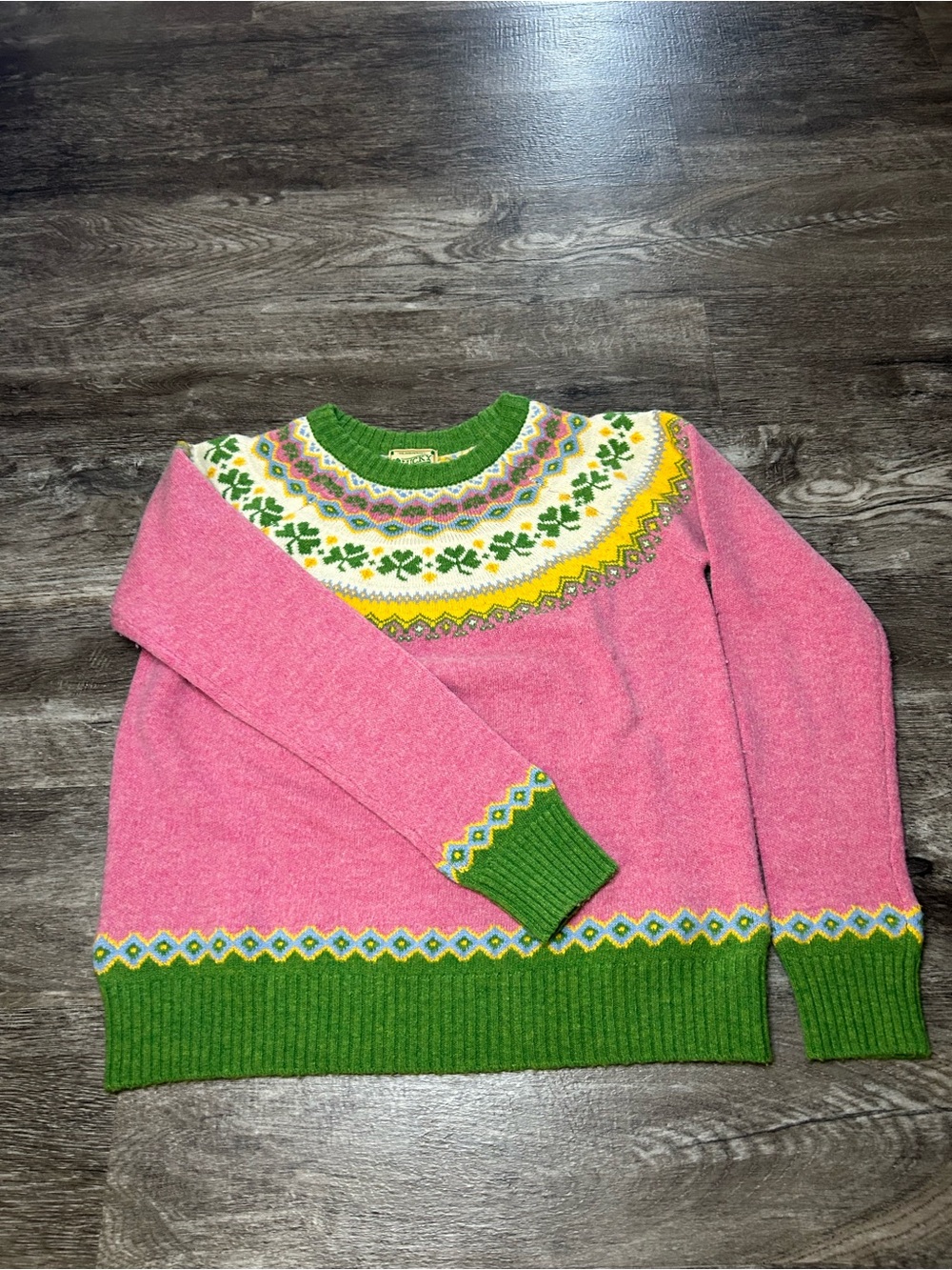 Kiel James Patrick Lucky Irish Sweater  L Pink Green Fair Isle Shamrock Knit